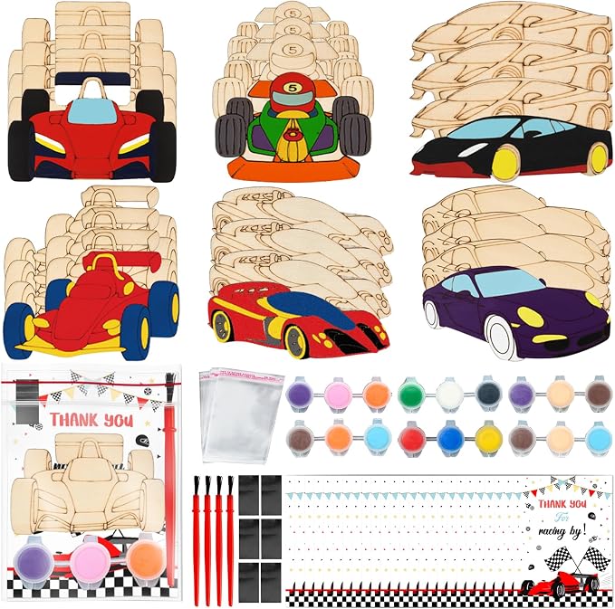 Bafeil 24 Set Race Car Party Favors - Painting Craft Kits with Thank You Cards for Boys Girls Toddler, Racing Cars Themed Birthday Party Decorations for One Two Fast Party Favors Goodie Bag Stuffers