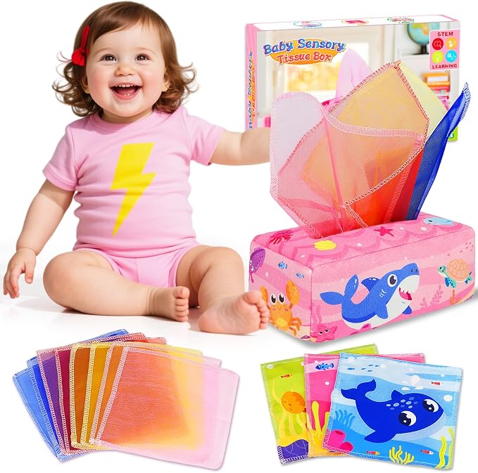 Baby Tissue Box Toy - Baby Girl Toys Montessori Toys for Babies 6-12 Months - Soft Stuffed High Contrast Crinkle Infant Sensory Toy 6 7 8 9 10 11 12 Months Old Gifts Pink