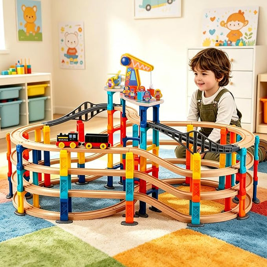 120Pcs Wooden Train Tracks Set, 398-inch Track Expansion, Toddler Railway Bridge Toy Train Set with Airplane and Magnetic Crane, Birthday Gifts for Boys and Girls, Compatible with All Major Brands
