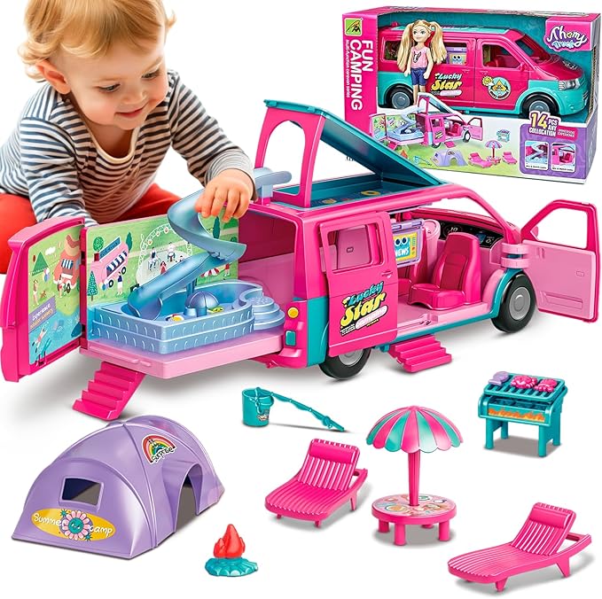 Dollhouse Camping RV Playset for Girls - Kids Camper Van Toy with Slide, Pool, Tent, BBQ Grill & Doll Accessories - Pretend Play Outdoor Adventure Toy Birthday Gift for 3 4 5 6 7 8 Year Old