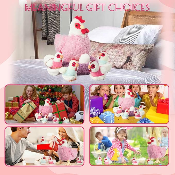 9 in 1 Chicken Stuffed Animal Set, Zippered Stuffed Chicken Plush Toys for Kids Egg Laying Hen with Coop, Plush Chickens and Eggs, Pink Chicken Toys for Kids Christmas Birthday Gifts Party Decor