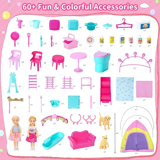 Style Shine Doll House Portable & Foldable Dollhouse w/ 60+ Pcs & 2 Dolls, Play House Toy with Bedroom Kitchen Furniture Camping Playset, Playhouse Gift for Girl Kid Toddler