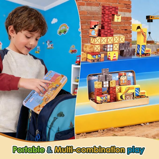 Magnetic Building Blocks Sensory Toys, Toddler Montessori Construction Stacking Toys, 35PCS Magnet Cubes for Kids, Gifts for Boys Girls, Portable Travel Toy Stem Learning Activities for Toddlers 3-8