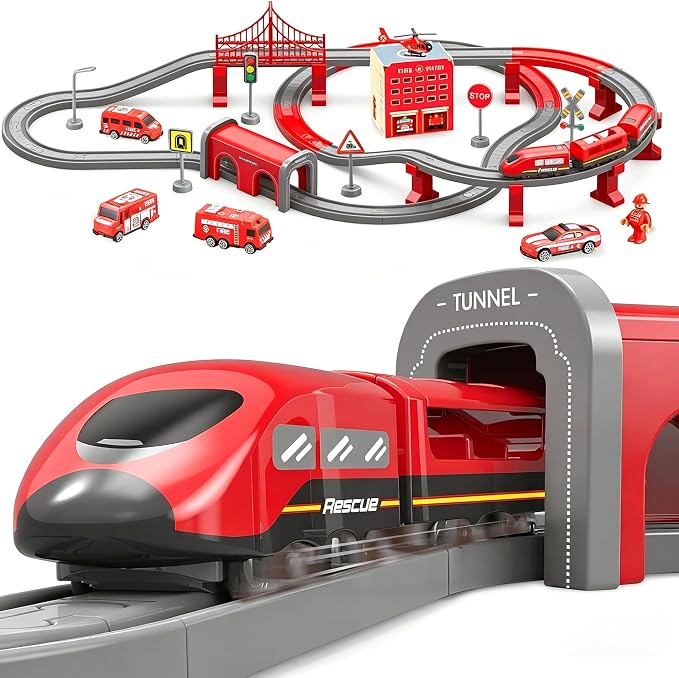 Wdmiya Train Set for Toddlers, 92 Pcs Train Toys for Kids Ages 2-8, Electric Trains Sets with Tracks (Magnetic Connection), Battery Operated Trains Birthday Gift for 2 3 4 5 6 7 (Fire 92 Pcs)