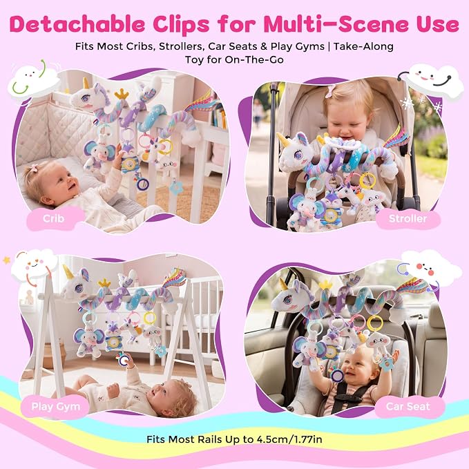 Car Seat Toys for Babies 0-6 Months, Unicorn Carseat Toys Hanging Baby Car Seat Toys, Stroller Toys with Music Rattle, Sensory Hanging Toys for Newborn Infant Crib