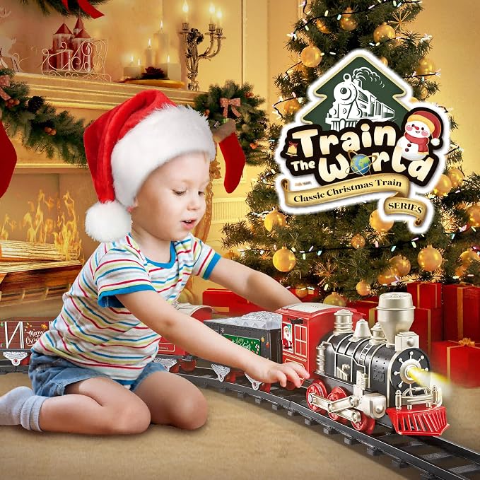 JQ JUQU Electric Train Set for Kids Ages 4-8 with Lights and Music - 20-Piece Toy Train and Tracks Set for Children, Compatible for Christmas Tree and Year-Round Play