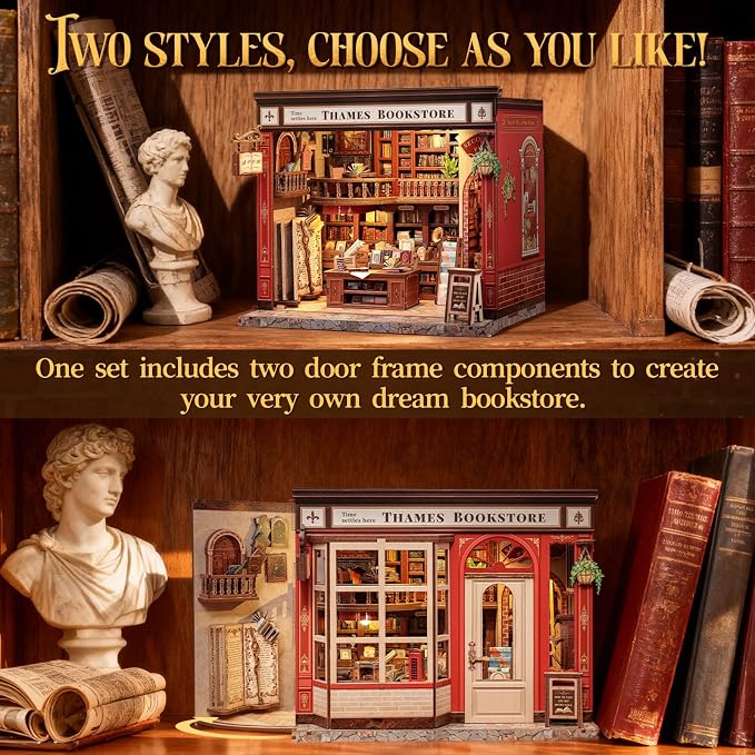 CUTEBEE Book Nook Kit - British Bookstore Magic DIY Miniature House Dollhouse Kit for Adults, Library Booknook Bookshelf Decor 3D Wooden Puzzle, Gifts for Family, Friends(Thames Bookstore)