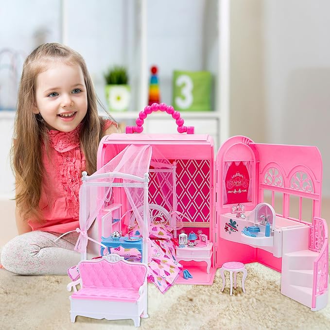 deAO Doll Houses Portable Backpack for Girls Toy House Baby Dollhouse Bedroom Furniture for 3 to 8 Years Olds Toddler Kids…