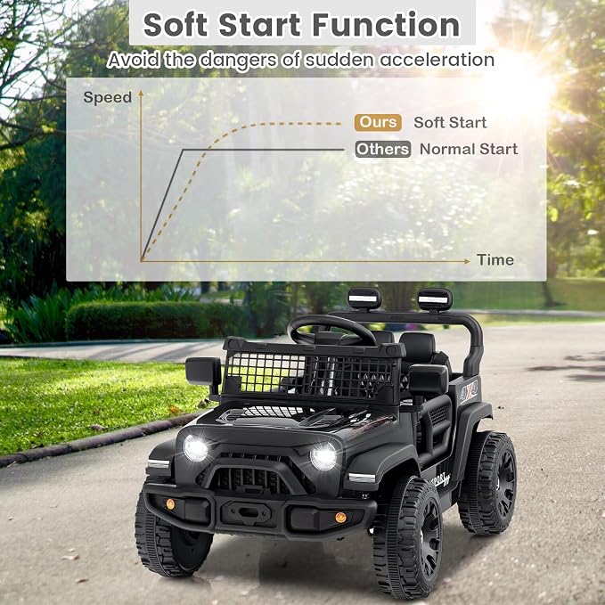 OLAKIDS 12V Ride On Truck, Battery Powered Electric Vehicle for Kids with Remote Control, Foldable Reflective Mirror, Spring Suspension, Music, LED Lights, Ride on Toy for 3+ Boys Girls (Black)