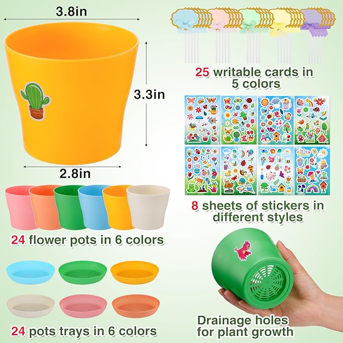 Cosweet 24 Pack Durable Resin Garden Pot Craft Kit for Kids - Colorful Flower Plant Spring Crafts with Stickers & Blank Labels, School Activities Growing Kit for Classroom Home DIY Gift 4+ Years