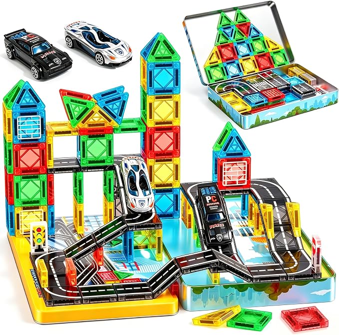 Magnetic Tiles - Road Set, City Race Track Travel Building Blocks with 2 Cars & Metal Box, Mini Magnet Tiles Outdoor Construction Toys for Boys, STEM Sensory Gifts for Toddlers 3-5 4-8 Years Old