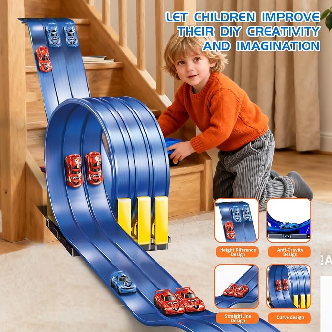 16.5ft Build Anywhere Portable Race Track with Suction Cups - Flexible Roll-Up Design Fits 1/64 Scale Cars, Portable Toy Gift for Kids 4+ Year Old (3 Tracks/Blue)