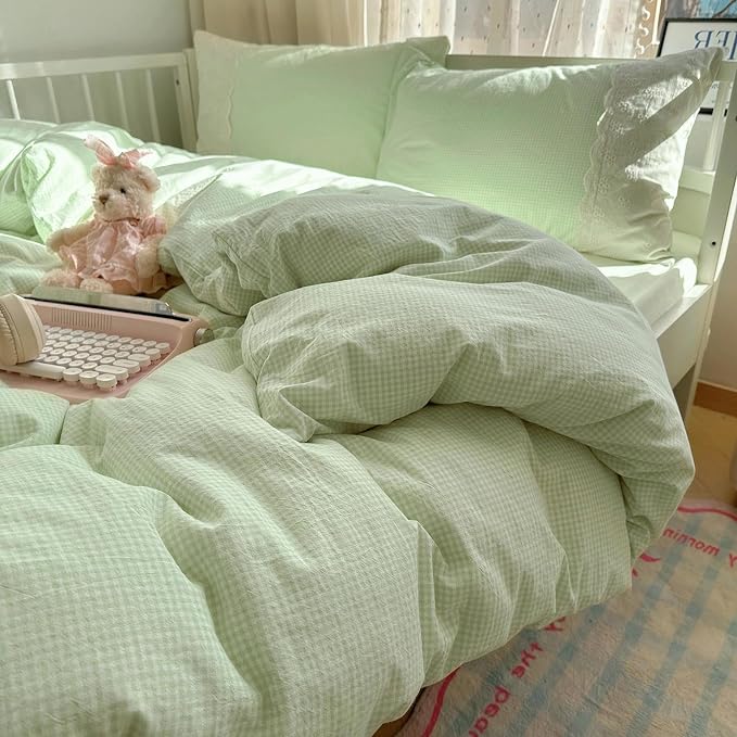 LifeTB Green Gingham Comforter Set Full Size Princess Lace Style Vintage Plaid Checkered Comforter Chic Gingham Farmhouse Bedding Set Lightweight Fluffy Soft Green Plaid Grid Comforter Set Full
