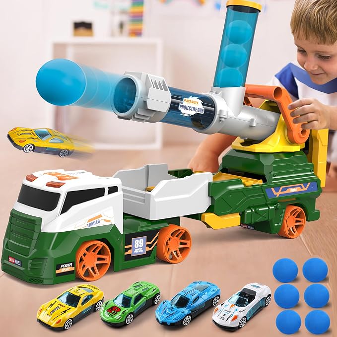 Dwi Dowellin Trucks Toys for Kids, 28" Large Car Toys Include 4 Racing Cars+6 Ball, with Light & Sounds, Eejection&Shooting Transport Cars Toy Truck, Birthday Gifts for Boys Girls-Green