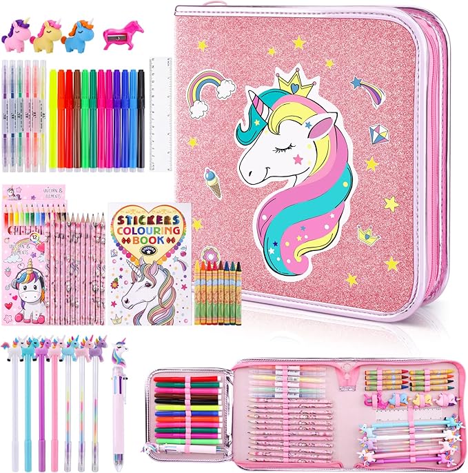 MAIGOZON Unicorn Gifts for Girls - 56 PCS Scented Markers Art Supplies Set for Kids Ages 4-8, Coloring Drawing Kit with Glitter Unicorn Case & Quick-Dry Gel Pens, Birthday Christmas Gift