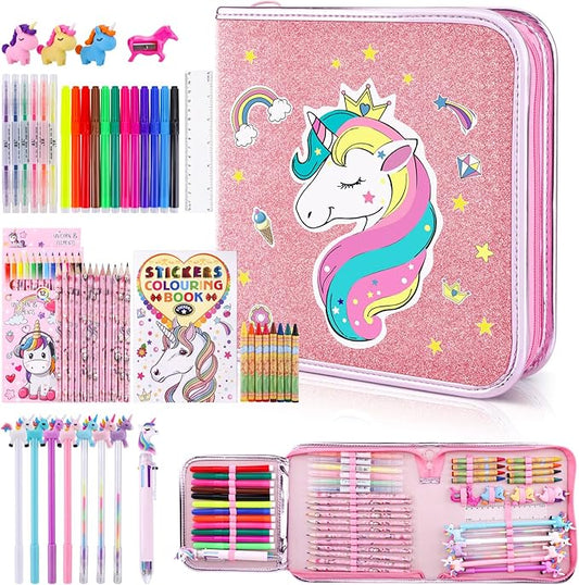 MAIGOZON Unicorn Gifts for Girls - 56 PCS Scented Markers Art Supplies Set for Kids Ages 4-8, Coloring Drawing Kit with Glitter Unicorn Case & Quick-Dry Gel Pens, Birthday Christmas Gift