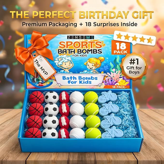Bath Bombs for Boys with Toys Inside W/Flash Cards - Sports Bath Bombs for Kids - Gift Set of 18 Scented Organic Handmade - 2.5 oz with Natural Essential Oils - 18 Pack