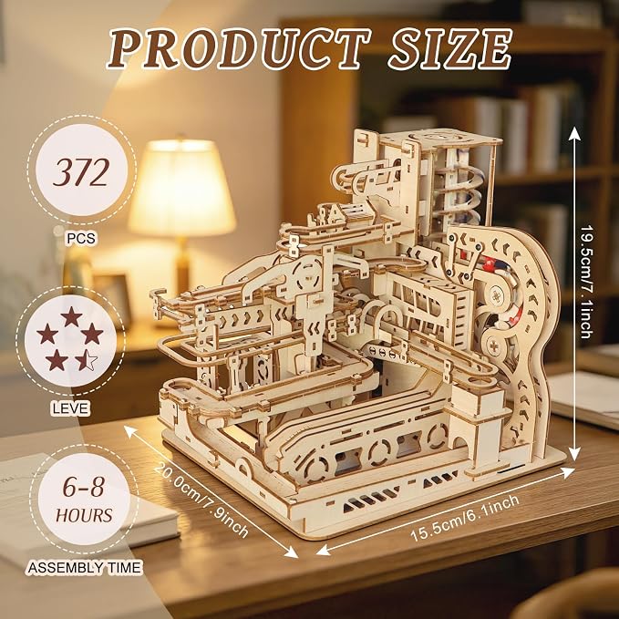 3D Wooden Puzzles Marble Run Model Building Kit, 372PCS DIY City Mechanical Track, Creative Wood Craft Puzzle with Red Marbles, Educational Hobby Gift for Adults & Teens