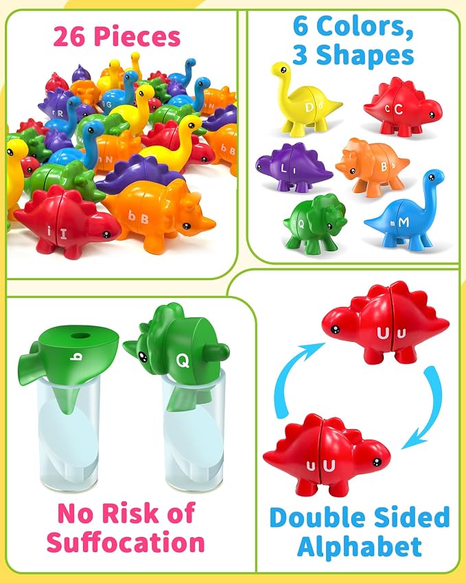 Walenty 26PCS Dinosaur Alphabet Learning Toys for Toddlers Kids 3-5, Montessori Educational Toys Gifts for 3 4 5 Year Old Boy Girl, Preschool Toddler Travel Activities, Double Sided ABC Matching Game