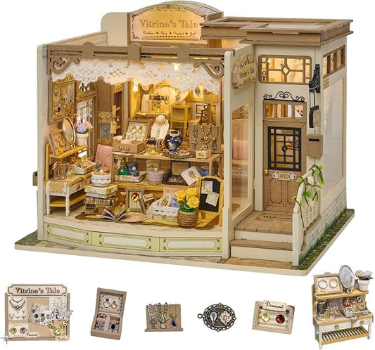 fifijoy DIY Miniature Dollhouse Kit - Jewelry Shop DIY Miniature House Kit for Adults and Teens, 3D Wooden Puzzle Tiny House Model with LED Light, Unique Gift for Family, Friends (Vitrine’s Tale)