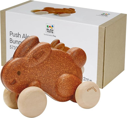 PlanToys® Brown Push Along Bunny Wooden Montessori Movement and Coordination Toy | Gross Motor, Rhythm and Cause & Effect Early Learning Activity | Eco Friendly Push Toy for Active Play