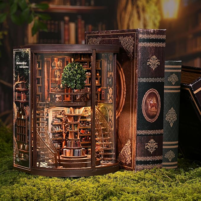 DIY Book Nook Kit for Adults, 3D Wooden Puzzle Tree of Wisdom Miniature Library Kit with Transparent Door & LED, Aesthetic Bookshelf Decor Building Gift for Men Friends (356 PCS