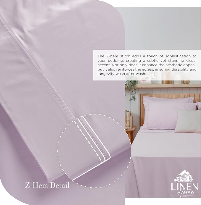 Linen Home 100% Cotton Percale Sheets Twin Size, Iris Lilac, Deep Pocket, 3 Pieces Set- 1 Flat, 1 Fitted and 1 Pillowcase, Crisp Cool and Long Staple Strong Bed Linen