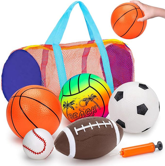 5 Pack Sports Balls for Toddlers 1-3 Outdoor Toys Football Soccer Basketball Baseball with Bag 1 2 Year Old Boy Toys Sport Bouncy Pool Balls Outside Playground Toddler 1-3 2-4 3-5 Birthday Boys Gifts