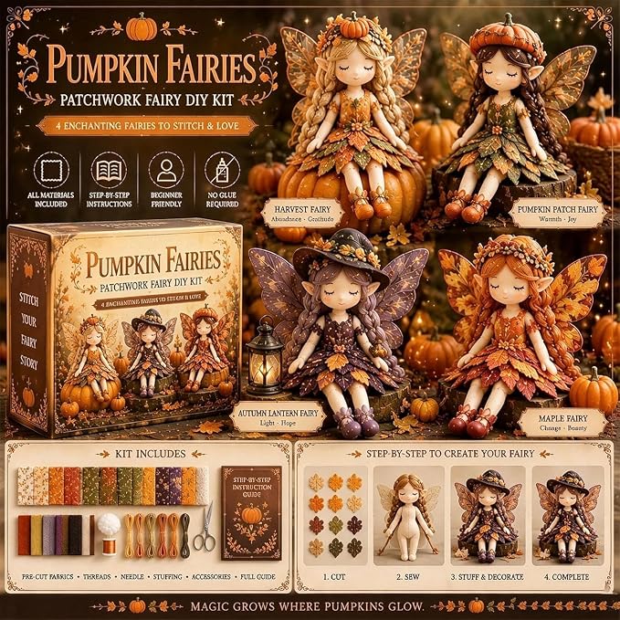 Fairy Patchwork DIY Collection, Fun Flower Fairy Patchwork Sewing Kit, Make 4pcs Winged Elf Cloth Dolls, Complete Fabric Supplies DIY Craft Set for Beginner Crafters, Home Decor Handmade Gift (#E)