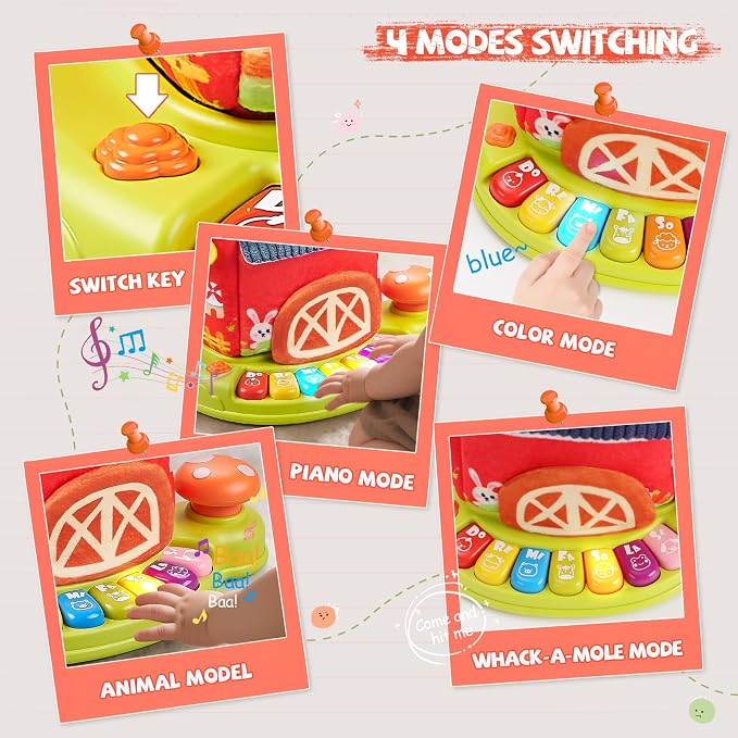 Vanvimen Musical Baby Toys 6-12 Months, Surprise Barn with 7 PCS Stuffed Farm Animals, 4 Mode Sound and LED Lights, Montessori Sensory Toys for 6 12 Months, Ideals 6 7 8 9 Month Old Baby Gifts Toy