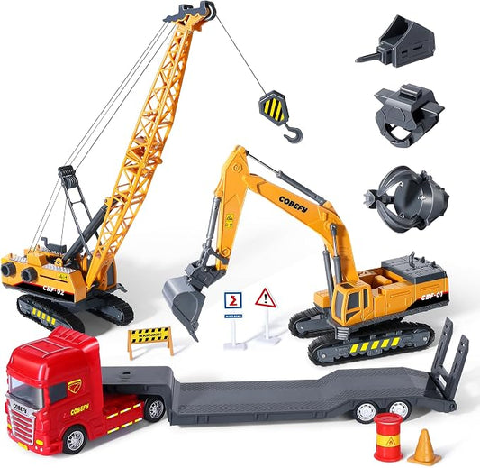 Kids Construction Toys for Boys, Playset of Excavator Toy, Crane Toy & Semi Truck Toy Tractor Lowboy Trailer, Construction Trucks for Toddler, Ideal Birthday Party Favor Gift for 3 Years Old and Up