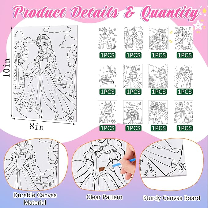 Ireer 12 Set Paint Party Set 8 x 10 Sip and Paint Kit Include 12 Printed Pre Drawn Canvas Panel, Wooden Easels, Palettes, Pots, Apron 36 Brushes for Adult Art DIY Party(Princess)