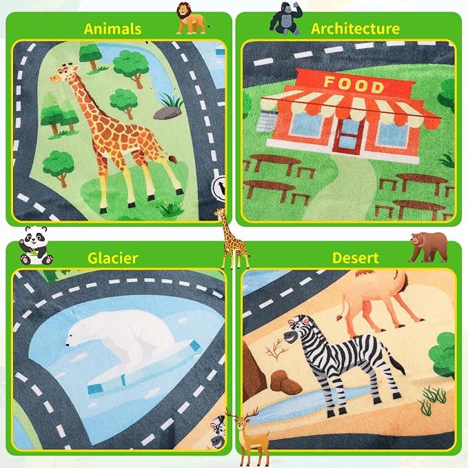 Car Rug Play Mat,4'11" x 6'7" Zoo Park Road Car Mat for Kids,Non-Slip Animal Car Track Rugs for Kids Toy Cars,Educational Kid Road Playmat Rug for Playroom Bedroom Kid Room(for Age 2+)