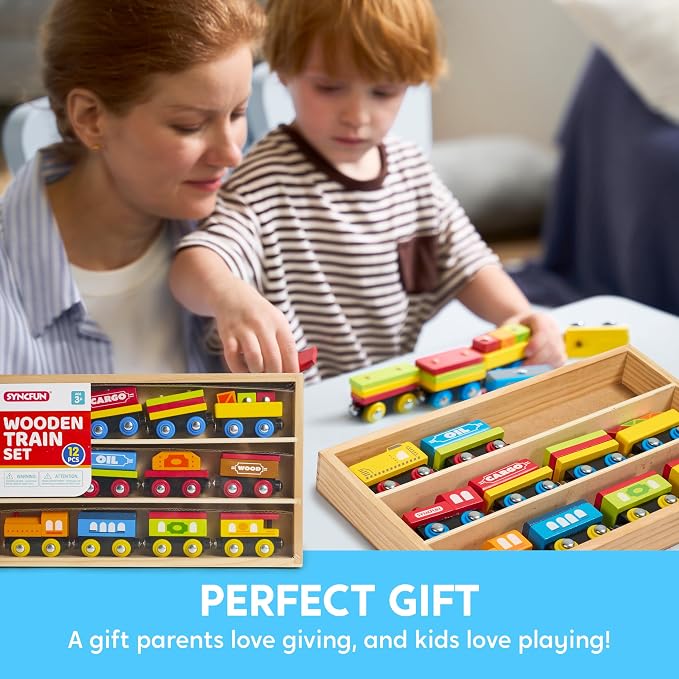 Montessori Wooden Train Toy Set for Kids, 12PCS Magnetic Train Cars with Storage Gift Box, STEM Educational Toy for Boys & Girls, Ages 3-8 Years, Easter Birthday Party Gift