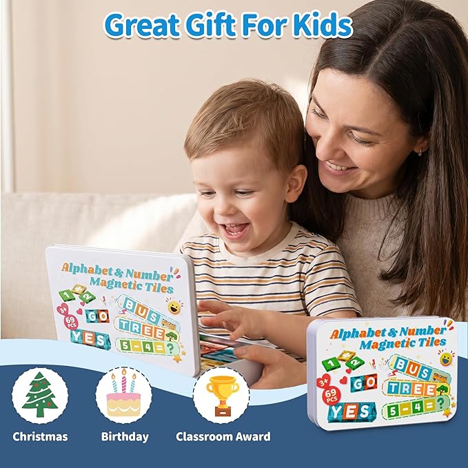 SKTMYY Magnetic Tiles Letters & Numbers, 69PCS Mini Travel Magnet Building Blocks Alphabet ABC Learning Toys for Kids Toddlers Montessori STEM Toy for Preschool Classroom Birthday Gifts for Boys Girls