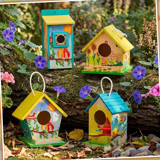 Liliful 4 Pack Birdhouse Crafts for Kids, Wooden Creative DIY Bird House Kits Arts and Crafts Set for Kids and Adults, Spring Birthday Gifts for Toddlers Ages (Playful Style)