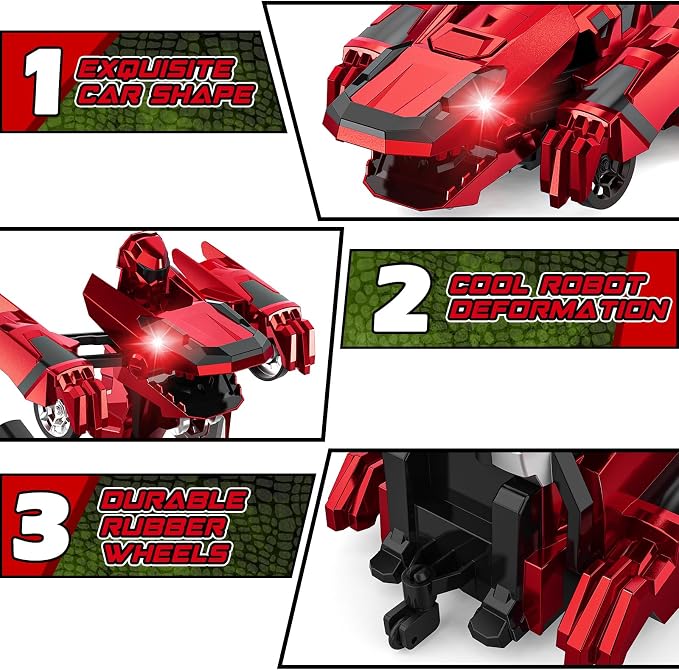 Kroyedfuw Dinosaur Transform Rc Cars, 2.4Ghz Remote Control Car Transforming Robot with Flashing Light, 360° Rotation One Button Deformation Car Toy Gifts for Boys Age 4-7 8-12