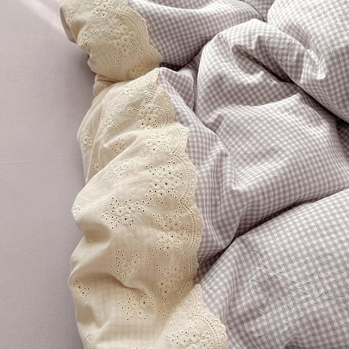 LifeTB Purple Gingham Comforter Set Full Size 3 Pieces Princess Lace Bedding Set Vintage Plaid Checkered Comforter with 2 Pillowcases Cozy Soft Breathable Purple Grid Comforter Set for Girls Teens