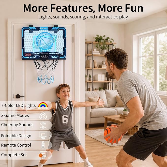 BELEEV Indoor Mini Basketball Hoop with LED Lights, Electronic Scoreboard & Sounds, Over The Door Basketball Hoop for Kids, Ball & Pump Included, Indoor Sports Toy Gift for Boys Girls Ages 4-12 (Blue)