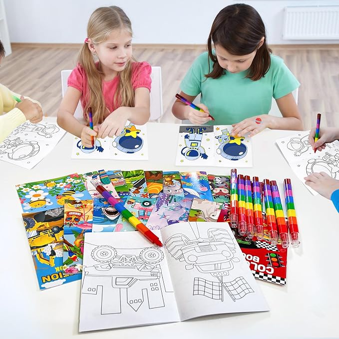 Cinrobiye 24 Coloring Books Bulk with 24 Stacking Crayons Set Mini Activity Books Small Coloring Books for Birthday Party Favors Gifts Goodie Bags Fillers Classroom Travel Activities