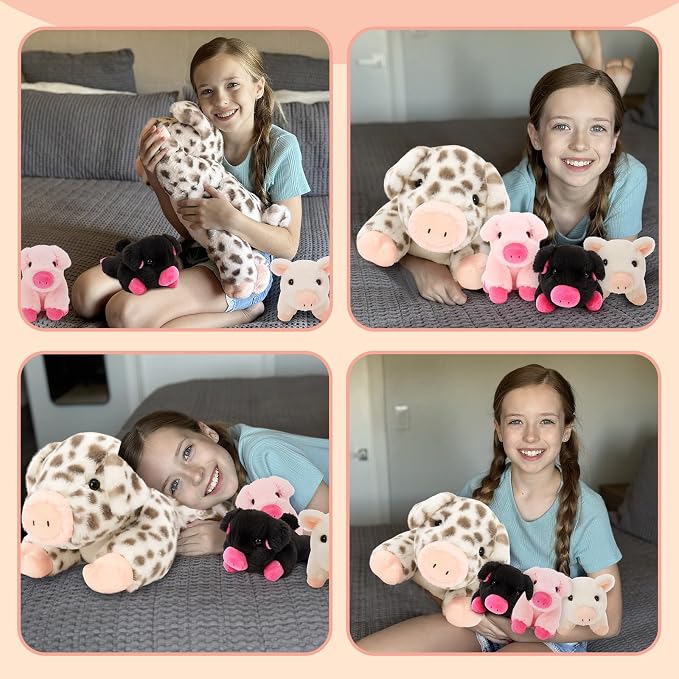 MorisMos Spotted Pig Stuffed Animal Set,20'' Large Mama and 3 Baby Piglet Stuffed Animals for Girl Boy,4 Pack Plush Pig Toys Gifts for Kid,Piglet Lover, Cute Piggy Decor for Birthday Party Christmas