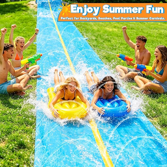 iGeeKid 45Ft Huge Slip and Water Slide with Sprinkler, Heavy Duty Lawn Waterslide for Kids Adults, Extra Long Double Lane Water Toys n Slides with 2 Bodyboards Backyard Lawn Summer Outdoor Water Toys
