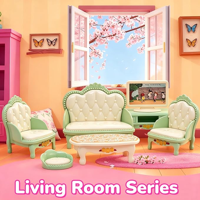 Dollhouse Furniture Set-38 Pcs, Miniature Doll House Accessories with Dogs and Cat ，Kitchen Bedroom Living Room Bathroom Furniture, Great Gift Idea