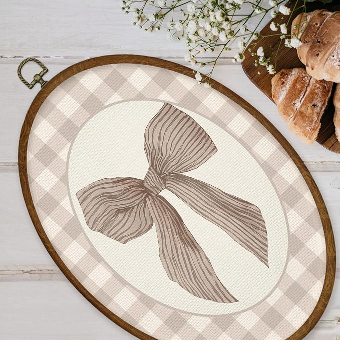 WULQYING Vintage Coquette Bow Girl Nursery Wall Art Decor, Preppy Oval Framed Canvas Art Prints, Neutral Gingham Girly Wall Hanging Decor for Toddler Girls Nursery Room Bedroom, 8.6x11.4 Inches