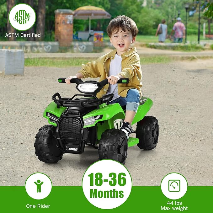 Costzon Kids ATV, 6V Battery Powered Electric Vehicle Four Wheeler Quad w/Storage Basket, Headlight, Horn, Music, MP3 & USB, Toddler 4 Wheeler Ride on Car Toy for Boys Girls 18-36 Months (Green)