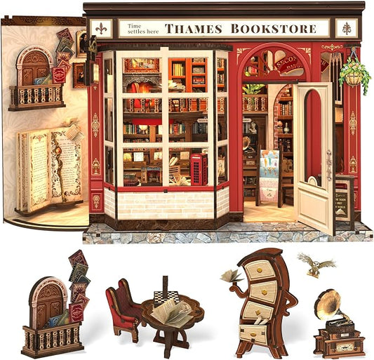 CUTEFUN DIY Book Nook Kit, 3D Puzzle Creative British Library Bookend Bookshelf Decor for Adults Teens, Magic Bookshop Miniature Kit with LED & Dust Cover, Gifts for Book Lovers (Thames Bookstore)