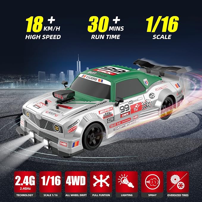 RC Drift Car 2.4GHz 1:16 Scale 4WD High Speed Remote Control Cars Vehicle with LED Lights Two Batteries and Drifting Tires Racing Sport Toy Cars for Adults Boys Girls Kids