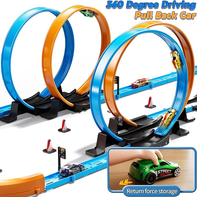 LILYBUDS Toy Car Track Gift Set for Boys Kids Age 3-5 4-7 8-12, Long Race Tracks with 4 Action Loops and 4 High-Speed Slot Die-Cast Race Cars, 35+ Pieces Race Tracks to Create Multiple Configurations