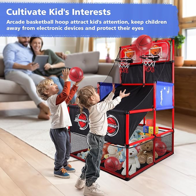 M SANMERSEN Kids Double Basketball Hoop Arcade Game Set with 6 Balls Electronic Scoreboard LED Light, Indoor & Outdoor Play, Birthday/Halloween for 3-8 Year Old Boy and Girl