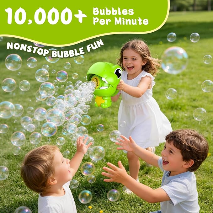 MAKE KIDS SMILE BUBBLE FUN Rechargeable Dinosaur Bubble Guns for Kids 1-3 | Automatic bubble machine with fast output, includes 8oz solution. Ideal summer children toys for boys, girls and pets.
